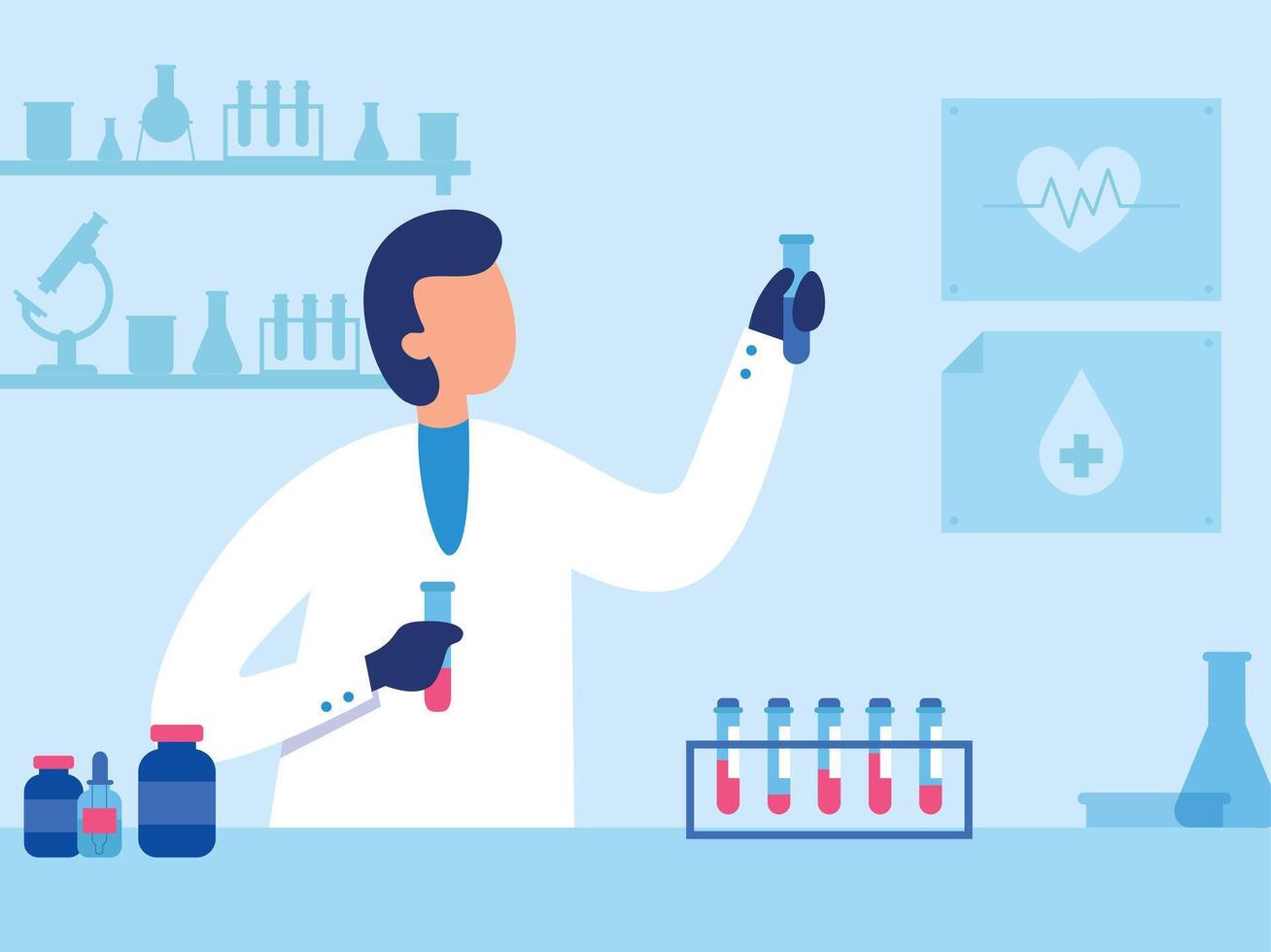 Wissenschaftler Arbeit im Labor. männlich Forscher im Uniform Arbeiten mit Prüfung Röhren im Labor. Person Biochemiker vektor