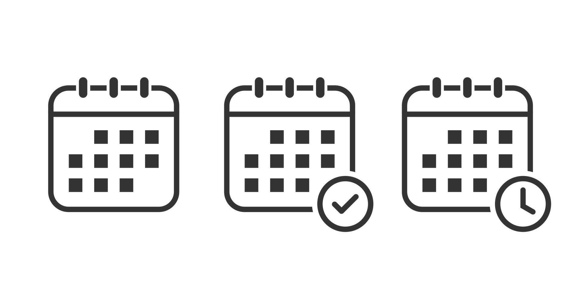 einstellen Vektor Kalender Symbole Buchseite. Kennzeichen Agenda Anwendung, Zeit, betrachten, Termin, Datum Seite Symbol und Kennzeichen Erledigt, Ja, Erfolg, überprüfen, genehmigt, bestätigen.