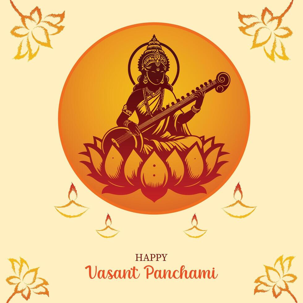 glücklich Vasant Panchami Göttin Saraswati mit religiös Festival Hintergrund. Poster, Banner, Flyer Vektor Illustration Design mit Saraswati Silhouette