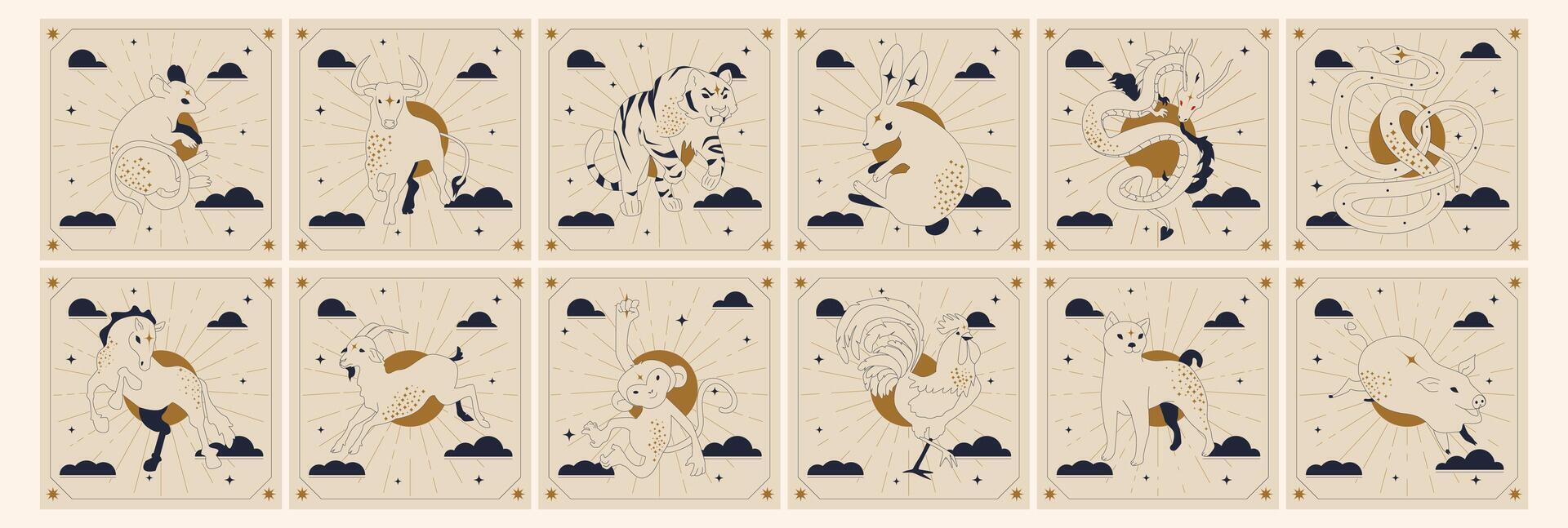 Chinesisch Neu Jahr Horoskop Tiere. Hand gezeichnet Vektor Illustration.