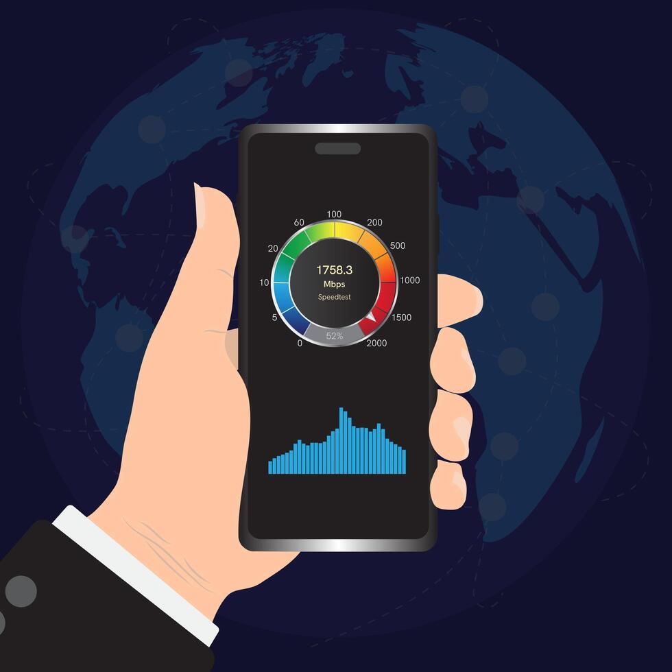 smartphone ikon med internet förbindelse hastighet testa på de skärm. internet ladda ner hastighet testa på webb sida. hastighet testa och nätverk prestanda information. signal kvalitet. vektor illustration.