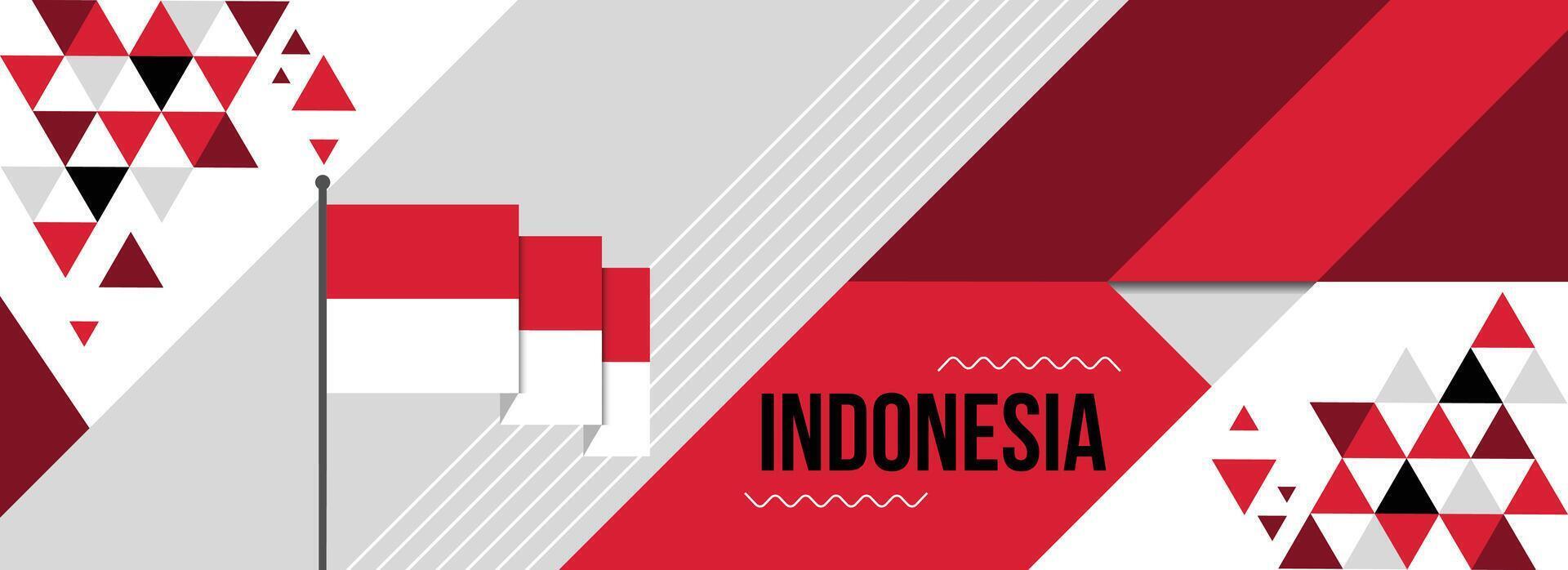 Indonesien National oder Unabhängigkeit Tag Banner zum Land Feier. Flagge und Karte von Indonesien mit angehoben Fäuste. modern retro Design mit Typorgaphie abstrakt geometrisch Symbole. Vektor Illustration