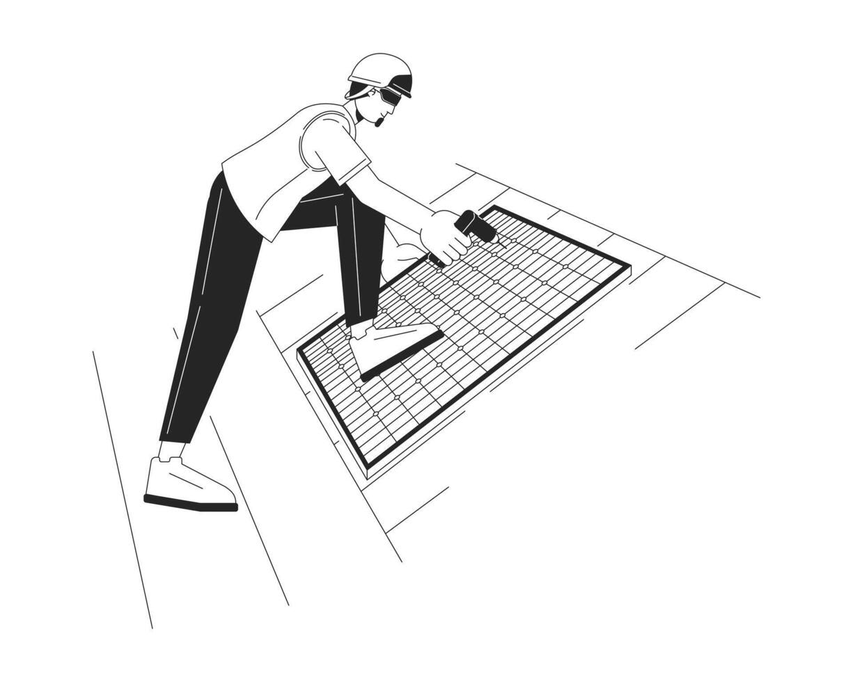 Solar- Paneele Installation auf Dach schwarz und Weiß Karikatur eben Illustration. Techniker 2d lineart Charakter isoliert. Wohn Dach Solar- Energie System einfarbig Szene Vektor Gliederung Bild