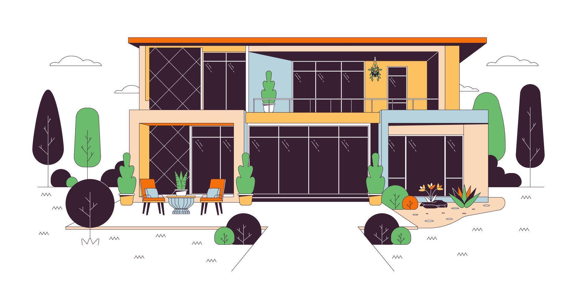 modern Glas Haus Villa Linie Karikatur eben Illustration. Landschaftsbau Gebüsch. Vorderseite Aussicht Gebäude Außen 2d lineart Objekt isoliert auf Weiß Hintergrund. echt Nachlass Gehäuse Szene Vektor Farbe Bild