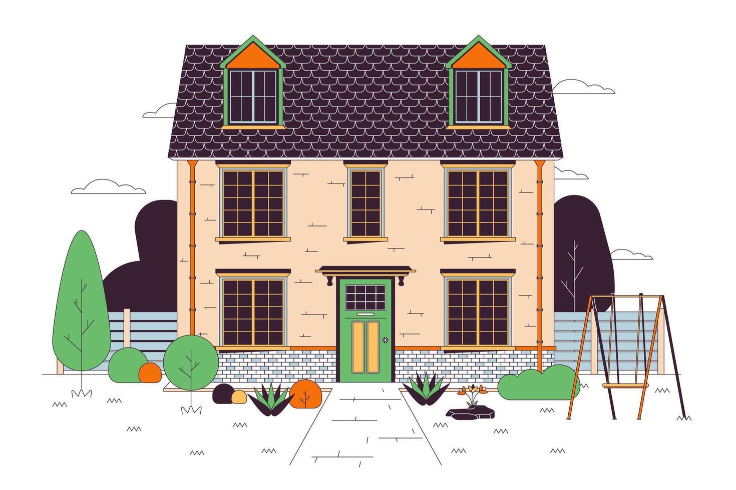 Mehrfamilienhaus Zuhause mit schwingen, Grün Hof Linie Karikatur eben Illustration. Familie Wohnung. Vorderseite Aussicht Gebäude Außen 2d lineart Objekt isoliert auf Weiß Hintergrund. Nachlass Szene Vektor Farbe Bild