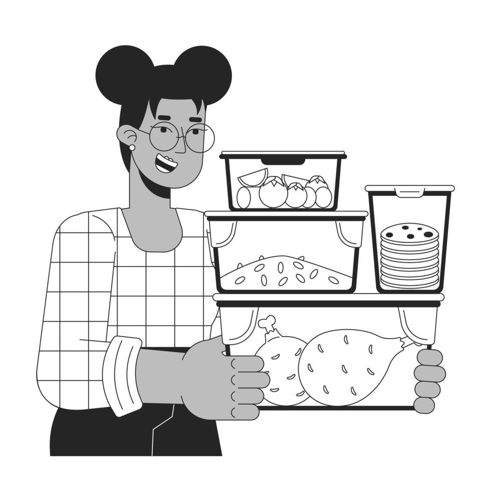 bärande måltid förberedelse behållare svart och vit tecknad serie platt illustration. svart kvinna 2d linjekonst karaktär isolerat. energi effektiv matlagning. sparande energi på Hem svartvit vektor översikt bild