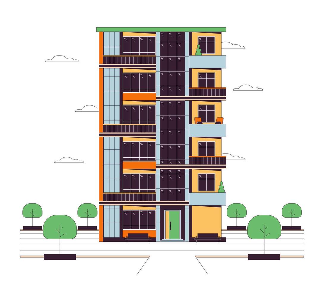 flats lägenhet flervånings- linje tecknad serie platt illustration. villa flera våningar byggnad exteriör 2d linjekonst objekt isolerat på vit bakgrund. egendom komplex fast egendom scen vektor Färg bild