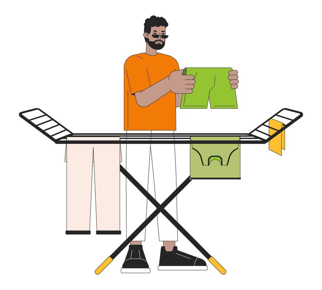 Luft Trocknen Kleider auf Gestell Linie Karikatur eben Illustration. Afroamerikaner Mann 2d lineart Charakter isoliert auf Weiß Hintergrund. Zuhause Hausarbeiten. Speichern Energie beim Zuhause Szene Vektor Farbe Bild