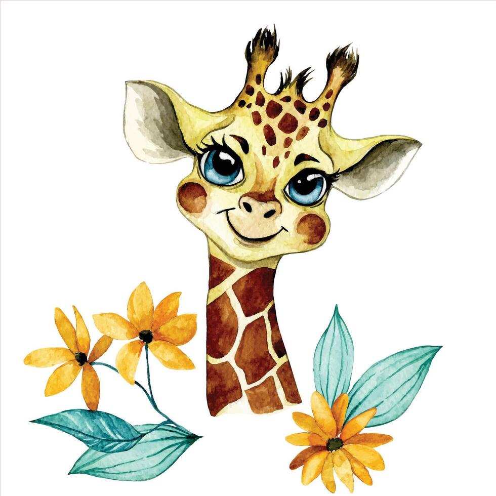 vattenfärg teckning av en söt bebis giraff. tropisk djur, söt vektor