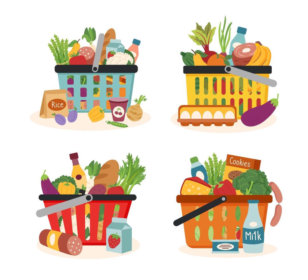 einstellen von Einkaufen Körbe mit Lebensmittel. Einkaufen Konzept. gesund Essen Konzept. vektor