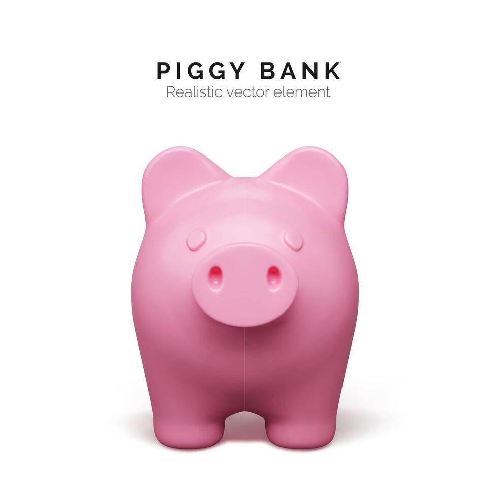 realistisch Rosa Schwein Vorderseite Sicht. Schweinchen Bank isoliert auf Weiß Hintergrund. Schweinchen Bank Konzept von Geld Anzahlung und Investition. Vektor Illustration