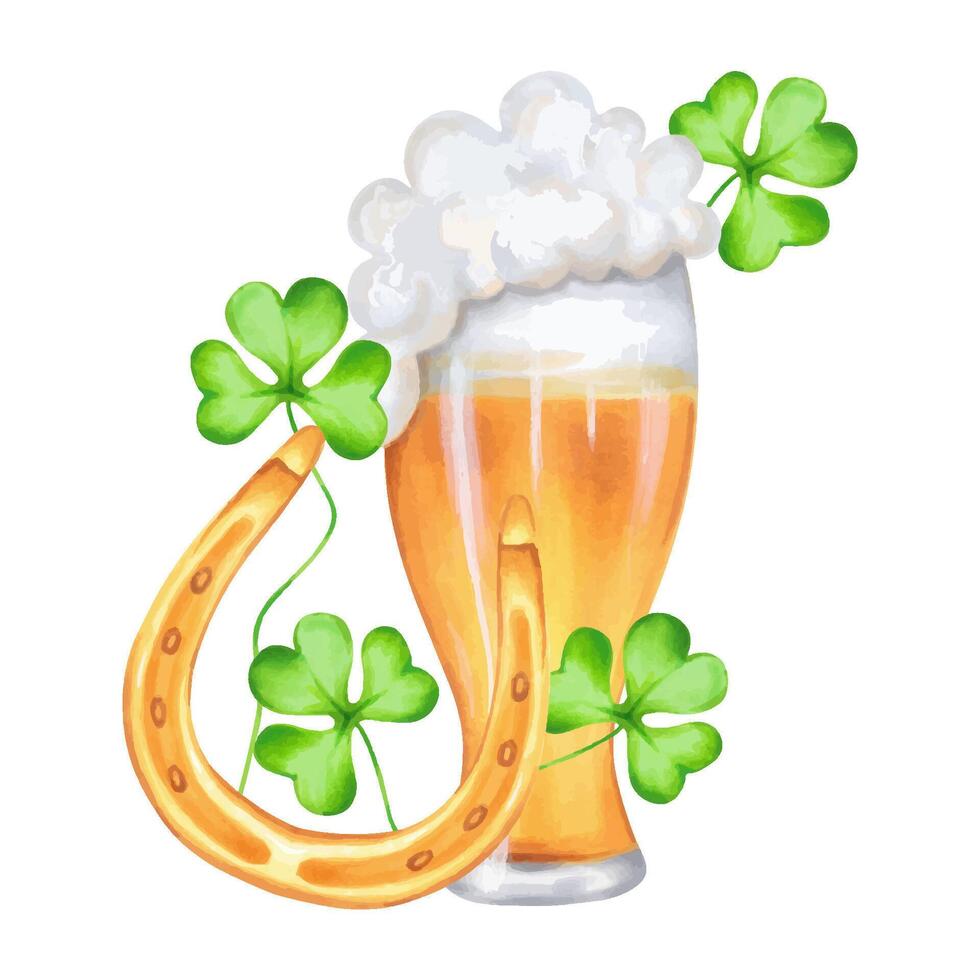 glas av öl med gyllene hästsko och vitklöver klöver.vattenfärg och markör illustration.clip konst sammansättning av dricka alkohol under de högtider, st. Patricks dag.hand dragen isolerat konst vektor