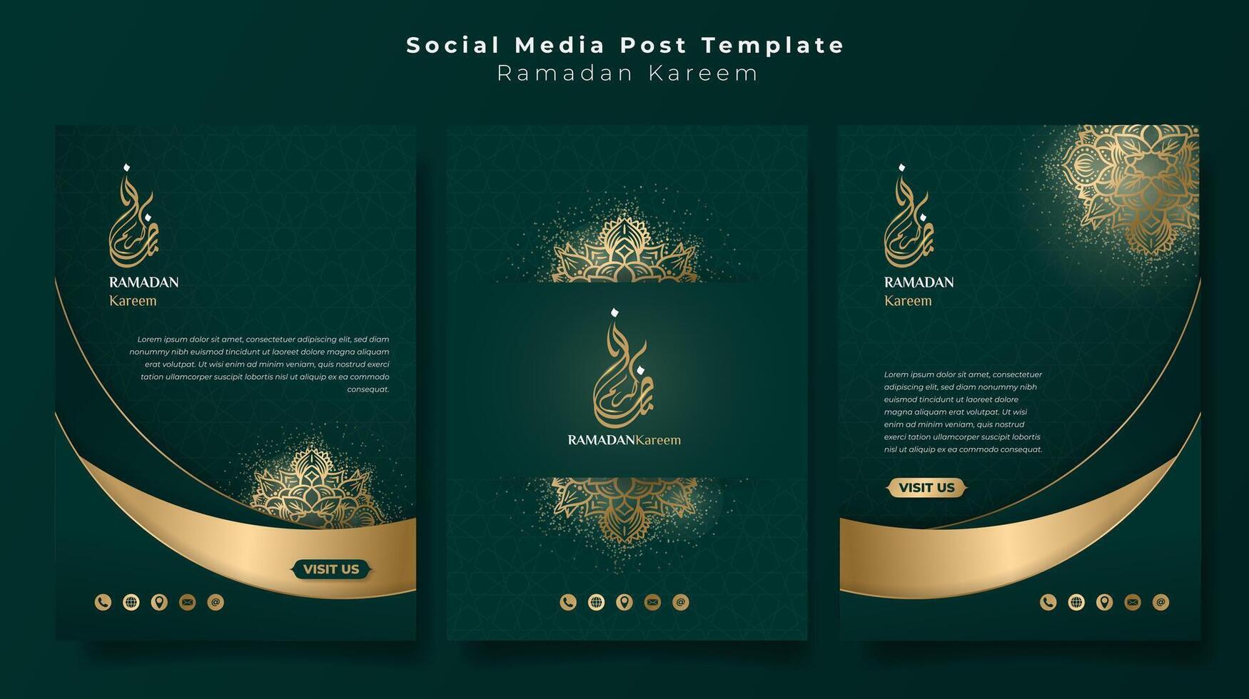 uppsättning av porträtt social media posta mall med enkel mandala prydnad design i guld grön bakgrund. grön guld islamic porträtt bakgrund. arabicum text betyda är ramadan kareem vektor