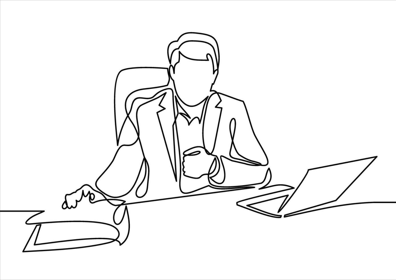 affärsman i en kostym Sammanträde i en kontor på en stol på de dator och arbete med dokument- kontinuerlig linje teckning vektor
