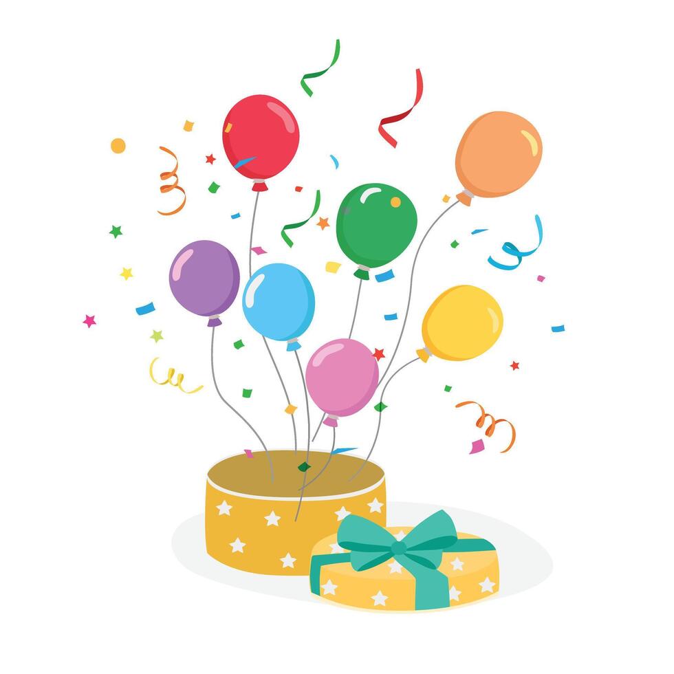 gåva låda med ballonger och konfetti. platt vektor i tecknad serie stil isolerat på vit bakgrund. födelsedag gåva, congratulation begrepp. födelsedag element. fest och firande vektor.
