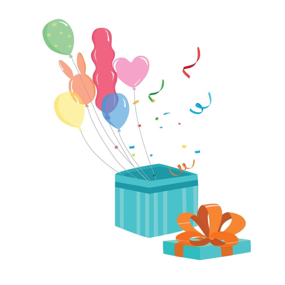 gåva låda med ballonger och konfetti. platt vektor i tecknad serie stil isolerat på vit bakgrund. födelsedag gåva, congratulation begrepp. födelsedag element. fest och firande vektor.