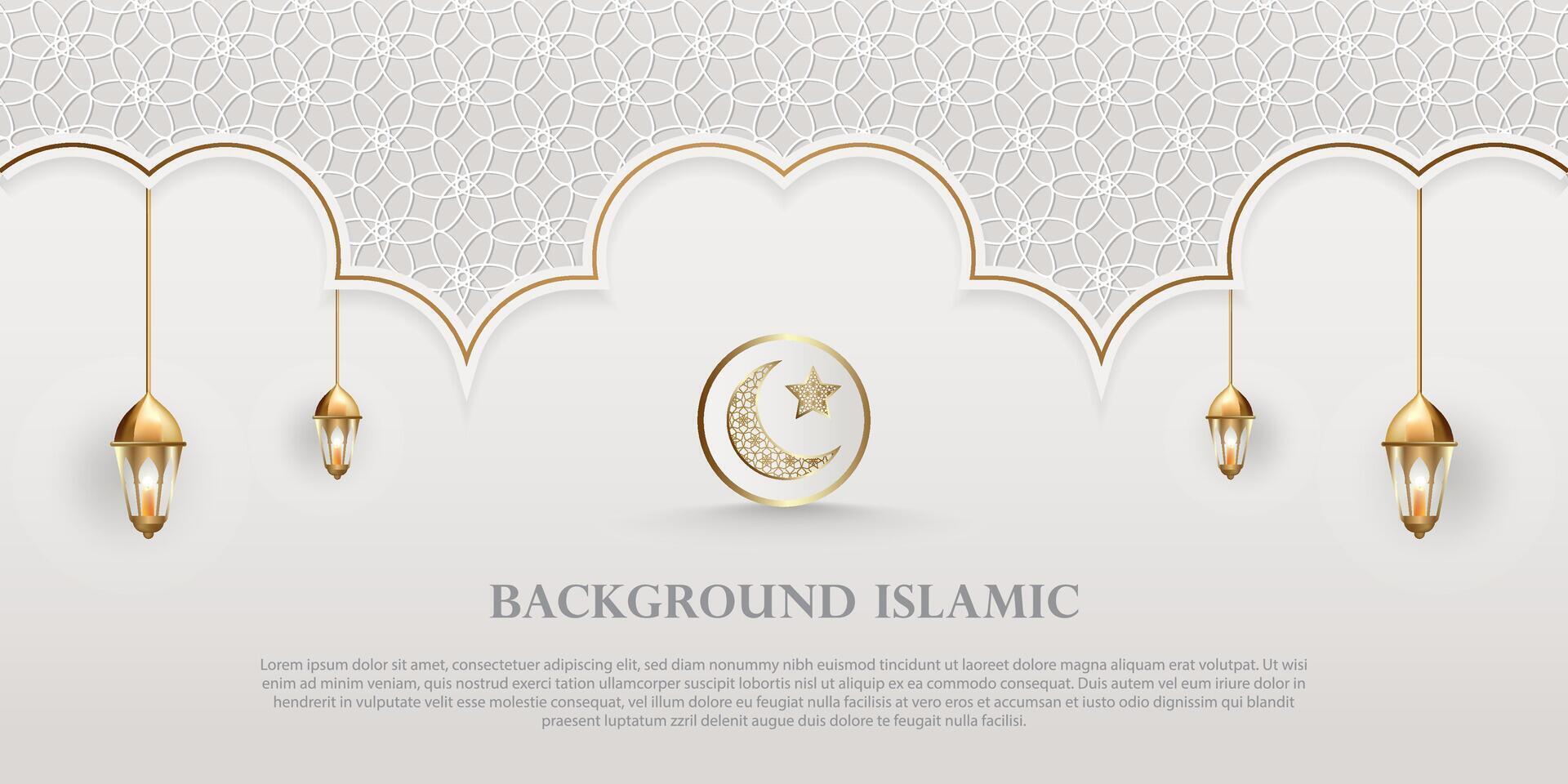 islamisch Thema Banner Hintergrund, Arabisch Muster Ornamente. Weiß Farbe mit luxuriös Gold Silhouette. Dekoration Design Element vektor