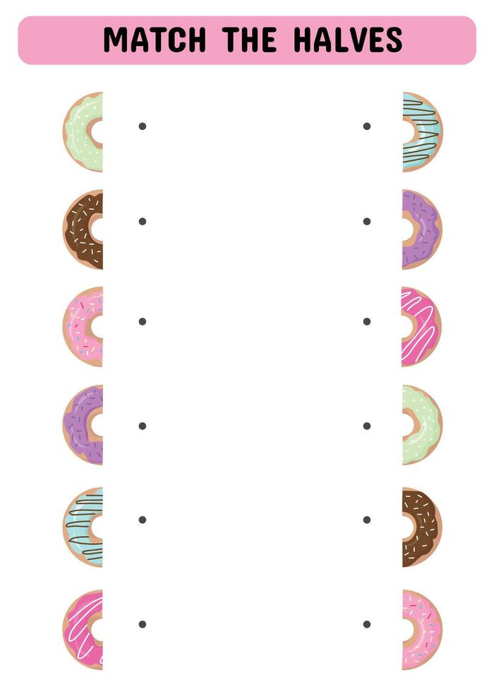finden das Hälfte und verbinden. ein lehrreich Spiel zum Kinder im Vorschulalter mit Donuts. druckbar Blatt. Vektor Illustration