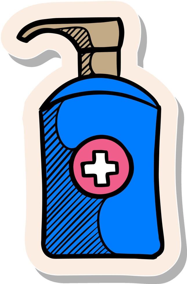 hand dragen desinfektionsmedel desinfektionsmedel flaska i klistermärke stil vektor illustration
