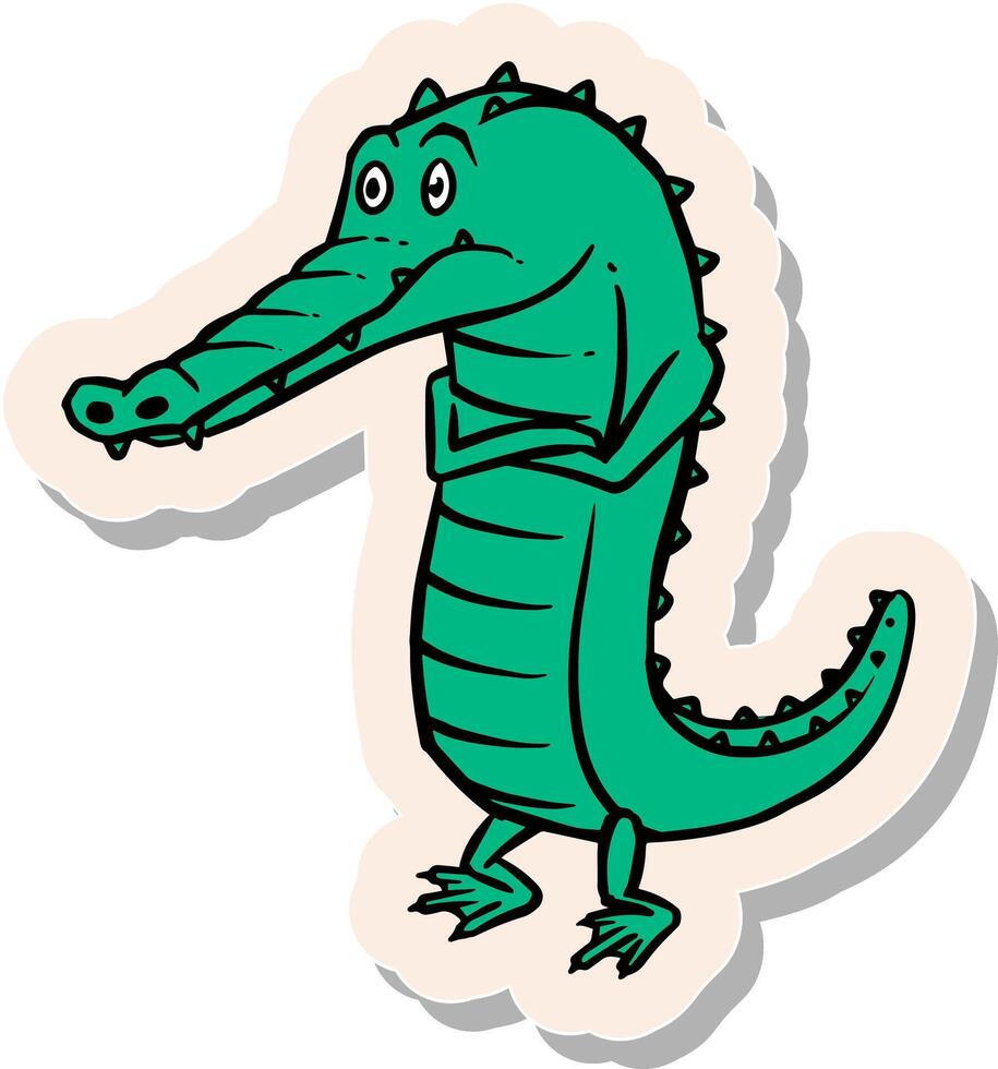 hand dragen deprimerad alligator tecknad serie karaktär i klistermärke stil vektor illustration