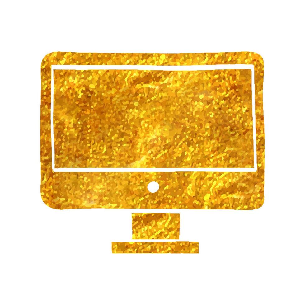hand dragen skrivbordet dator ikon i guld folie textur vektor illustration