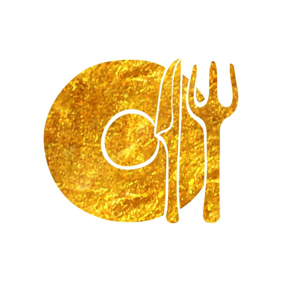 hand dragen maträtter ikon i guld folie textur vektor illustration