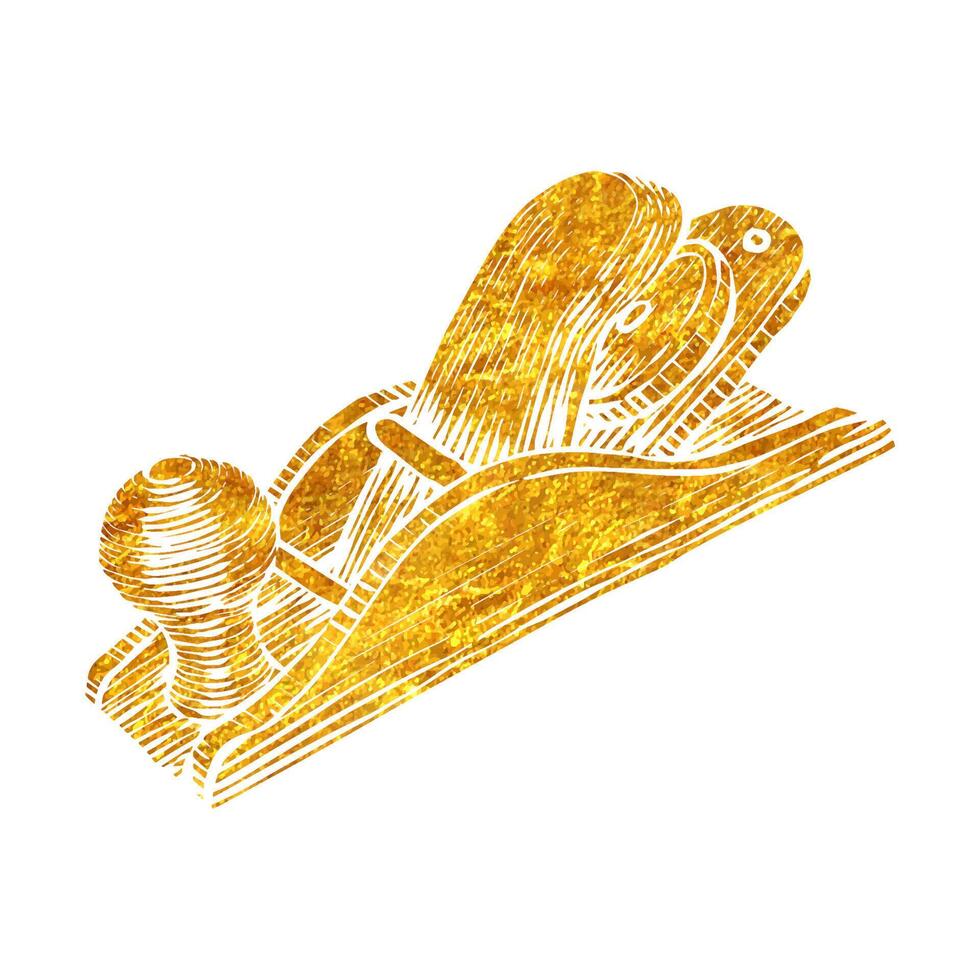 Hand gezeichnet hölzern Flugzeug Symbol Holzbearbeitung Werkzeug im Gold vereiteln Textur Vektor Illustration
