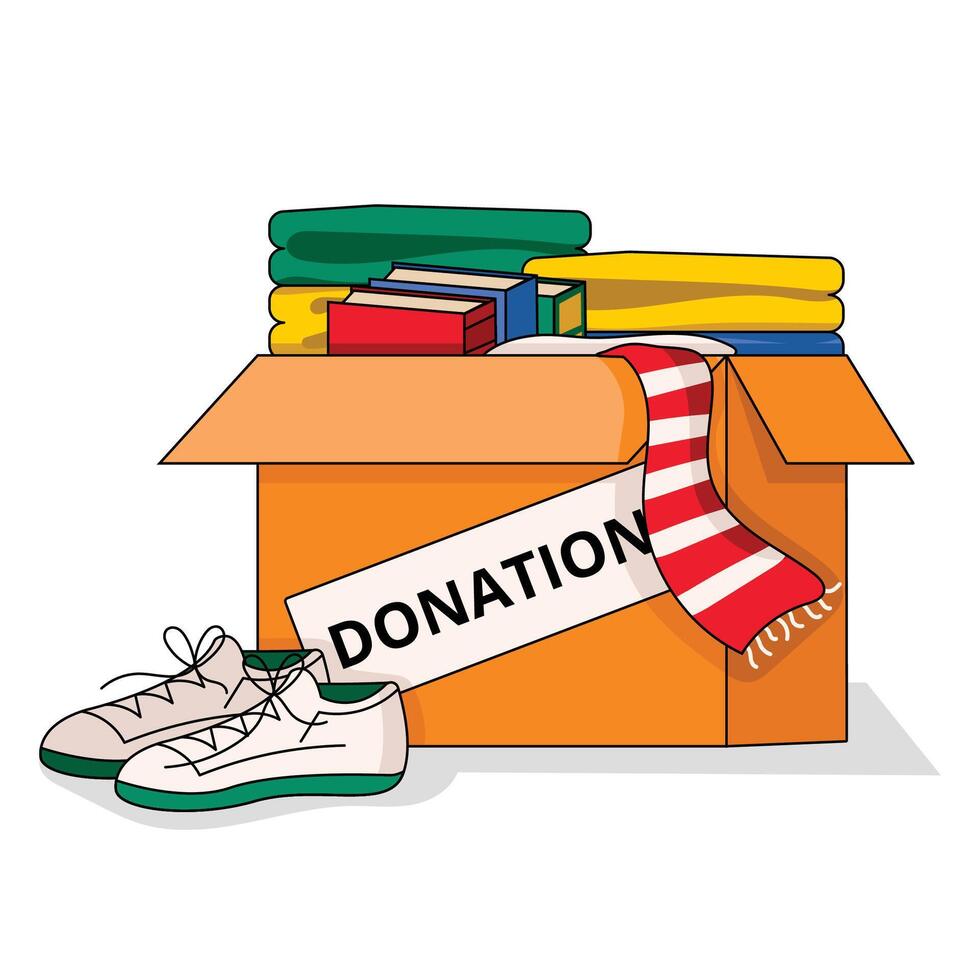 Box mit Artikel zum Spende. Hilfe. Kleidung, Bücher, Schuhe. Vektor Grafik.