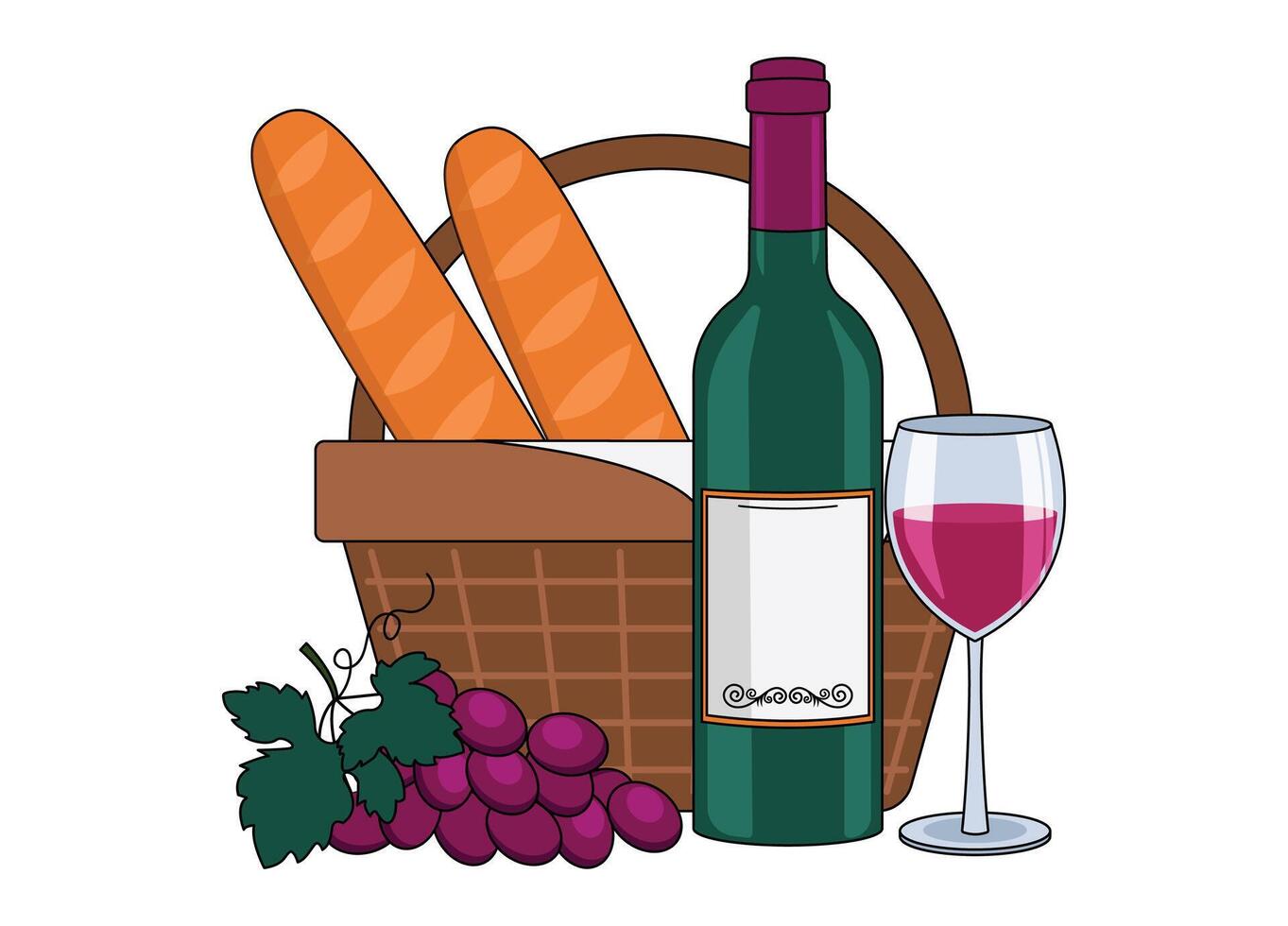Flasche von rot Wein, Wein im ein Glas, Baguette, Trauben und ein Picknick Korb. mit ein Umriss. Vektor Grafik.