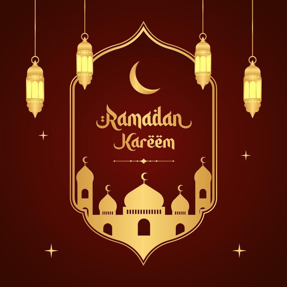 islamic hälsningar ramadan kareem bakgrund design med gyllene ram, moské, och lyktor. ramadan mall affisch för social media posta vektor