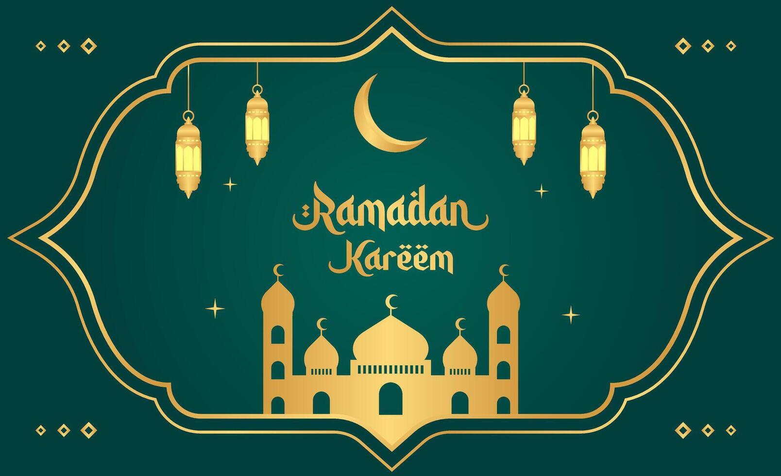 islamic ramadan firande bakgrund design med guld ram, moské, och lyktor. ramadan mall baner vektor illustration