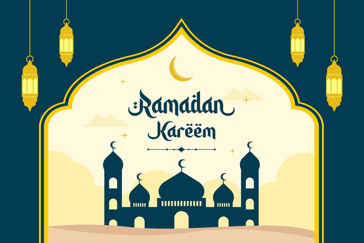 islamisch Ramadan Feier Vorlage Banner Design mit Moschee, und Laternen. Ramadan Hintergrund Rahmen Vektor Abbildungen