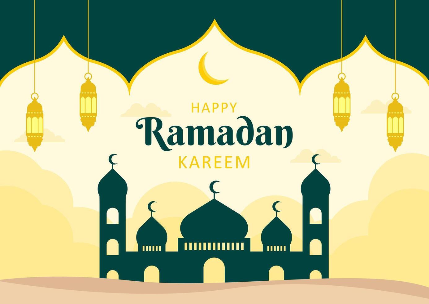 islamisch Ramadan Feier Vorlage Banner Design mit Moschee, und Laternen. Ramadan Hintergrund Rahmen Vektor Abbildungen
