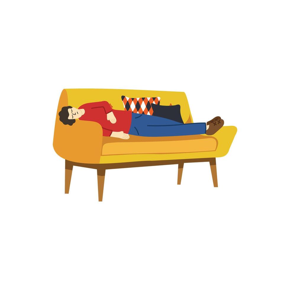Illustration von ein Mann versucht und entspannend auf Couch vektor