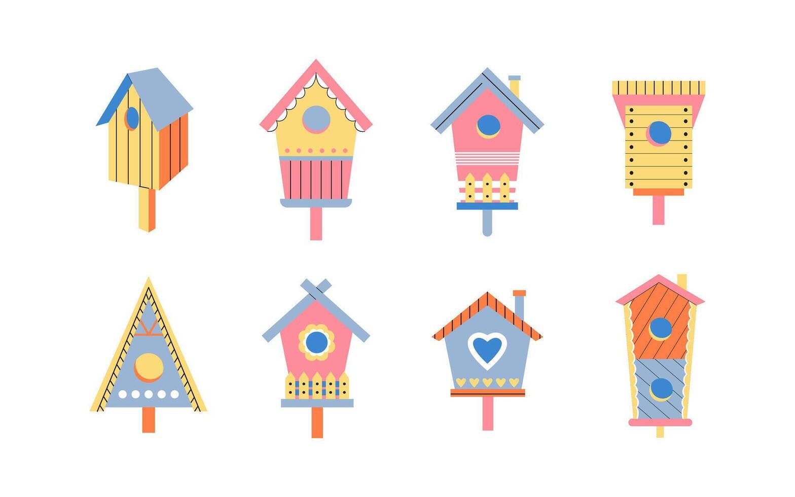 uppsättning av färgrik fågelhus med annorlunda former. handgjort trä- hus för fåglar. tillverkad hem för fåglar på Allt säsonger - vår, sommar, höst, vinter. vektor