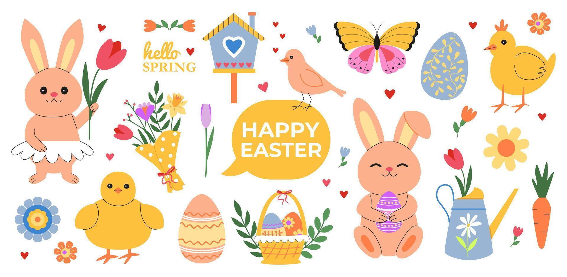 färgrik påsk kaniner, kycklingar och ägg. påsk vår högtider. blommor och påsk korg. ägg jaga. doodles, klistermärken isolerat på vit. vektor