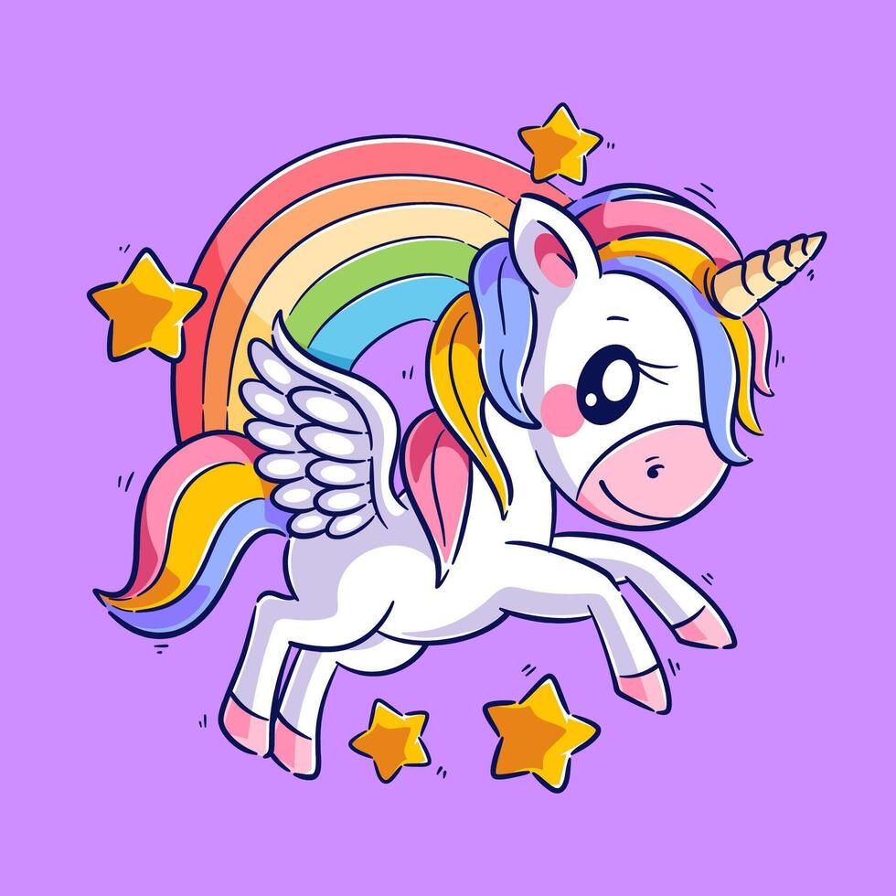 ein süß Einhorn ist im Vorderseite von ein Regenbogen vektor