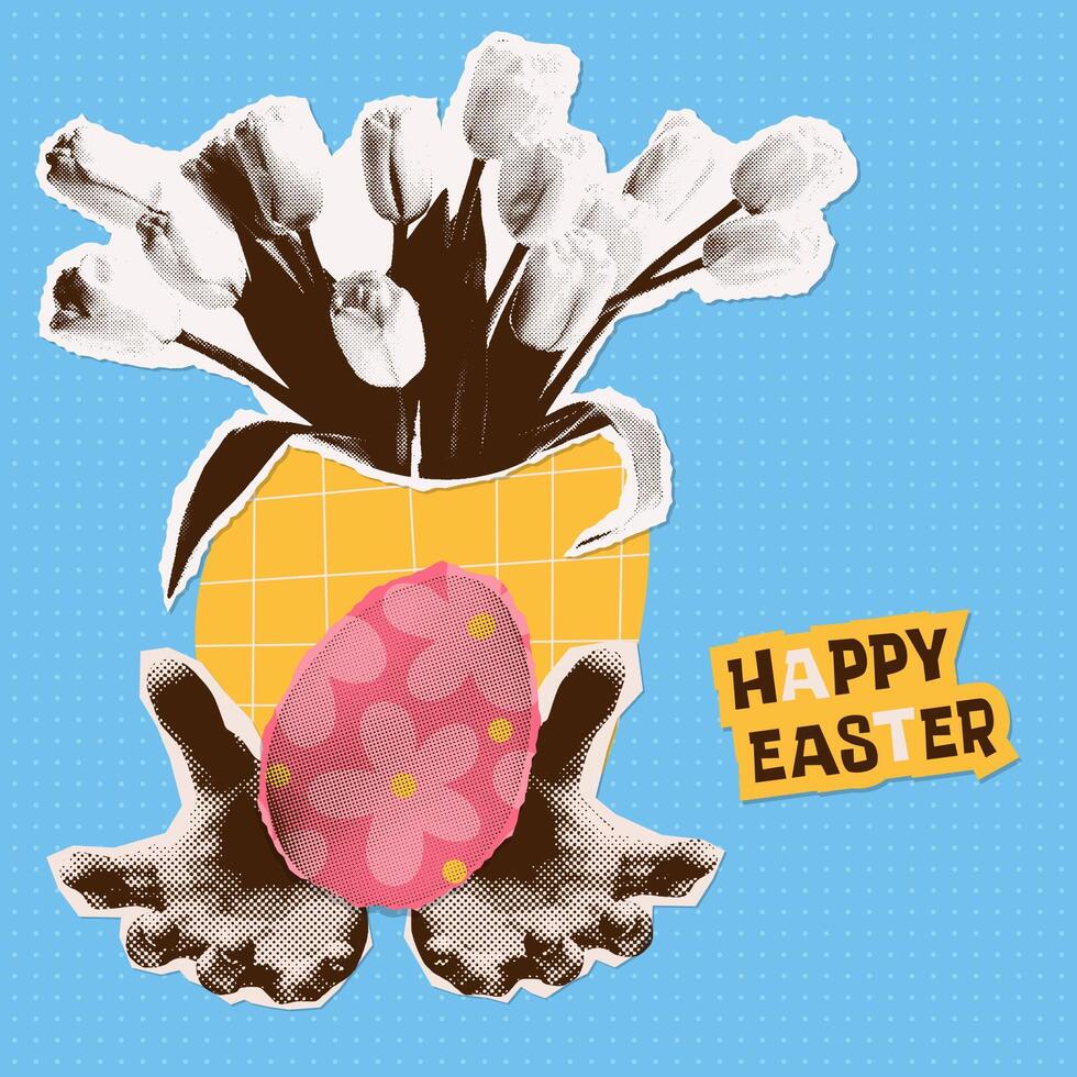 kreativ Platz Poster Vorlage mit Halbton Collage von dekorativ Blumen und Hände halten Ostern Ei. Vektor modisch Jahrgang Illustration.