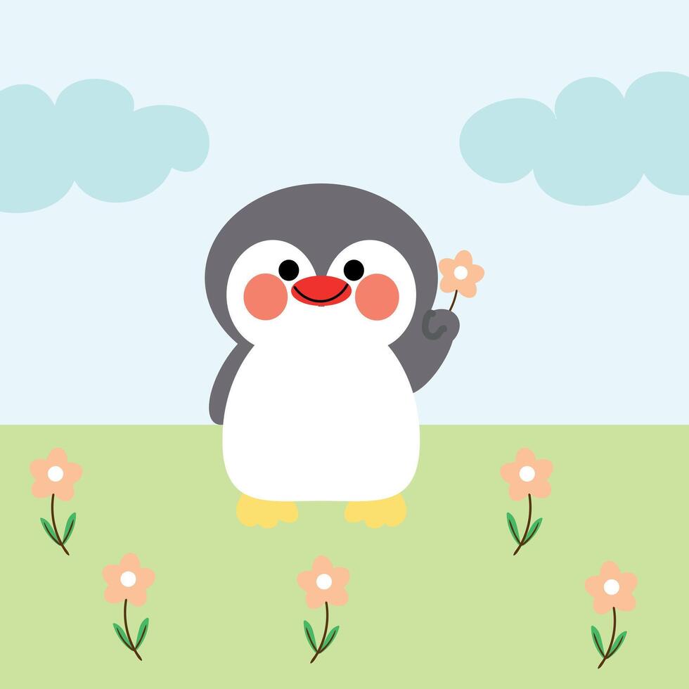 söt illustration av en tecknad serie pingvin innehav en blomma med söt handstil. söt djur- tapeter, bakgrunder och kort vektor