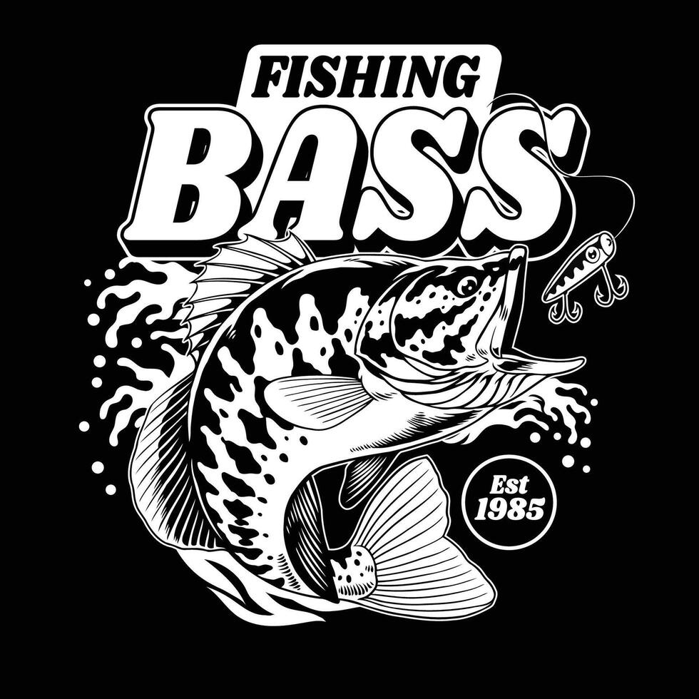 årgång skjorta av fiske bas design i svart och vit vektor