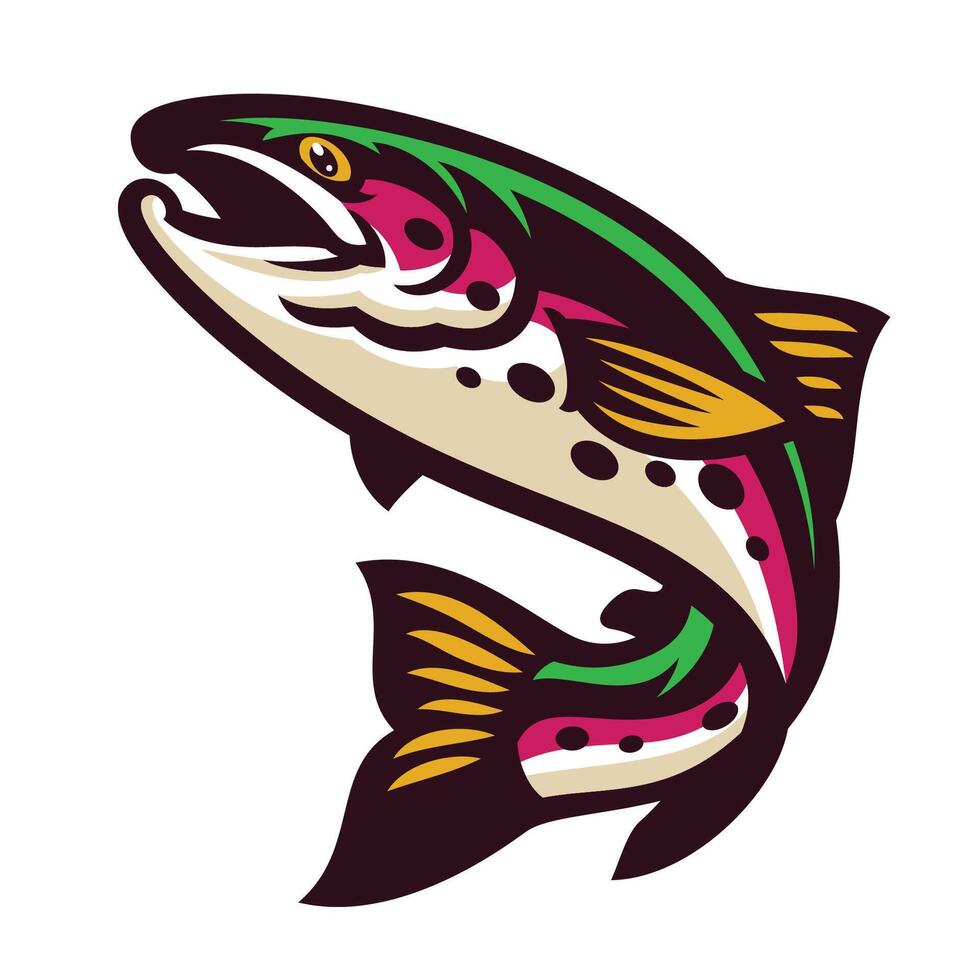 Regenbogen Forelle Fisch Logo Maskottchen Springen vektor