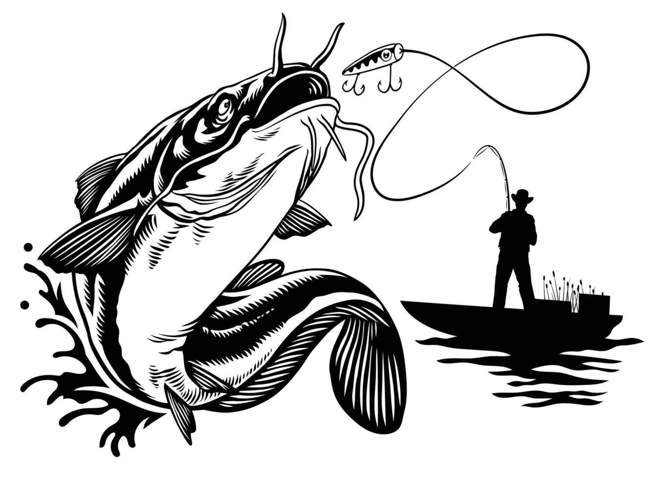 Fischer fangen groß Wels im schwarz und Weiß Stil vektor