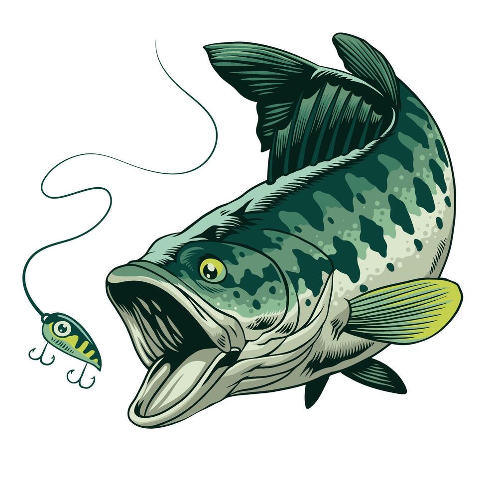 illustration av stor bas fisk fångst de fiske locka vektor