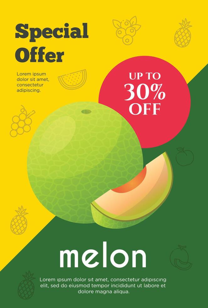 Flyer Besondere Angebot zum Melone Obst Produkt. Obst Beförderung Flyer vektor