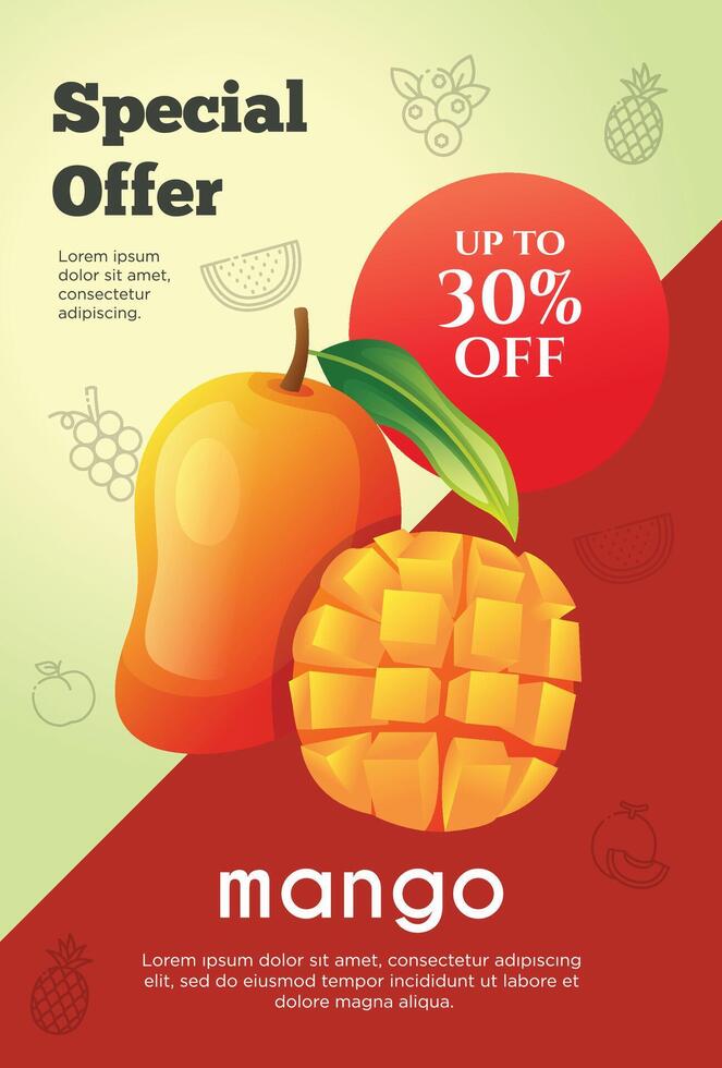 Flyer Besondere Angebot zum Mango Obst Produkt. Obst Beförderung Flyer vektor