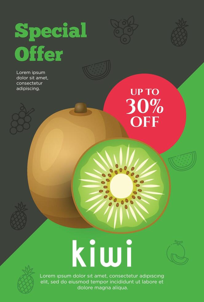 flygblad särskild erbjudande för kiwi frukt produkt. frukt befordran flygblad vektor