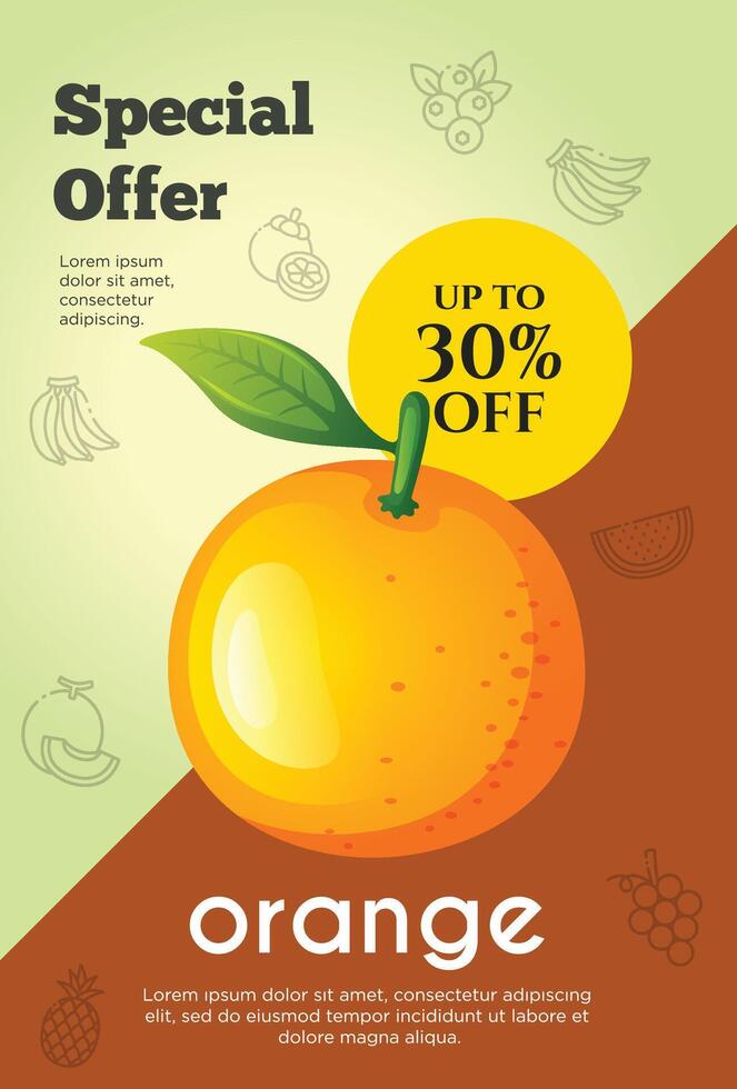 Flyer Besondere Angebot zum Orange Obst Produkt. Obst Beförderung Flyer vektor