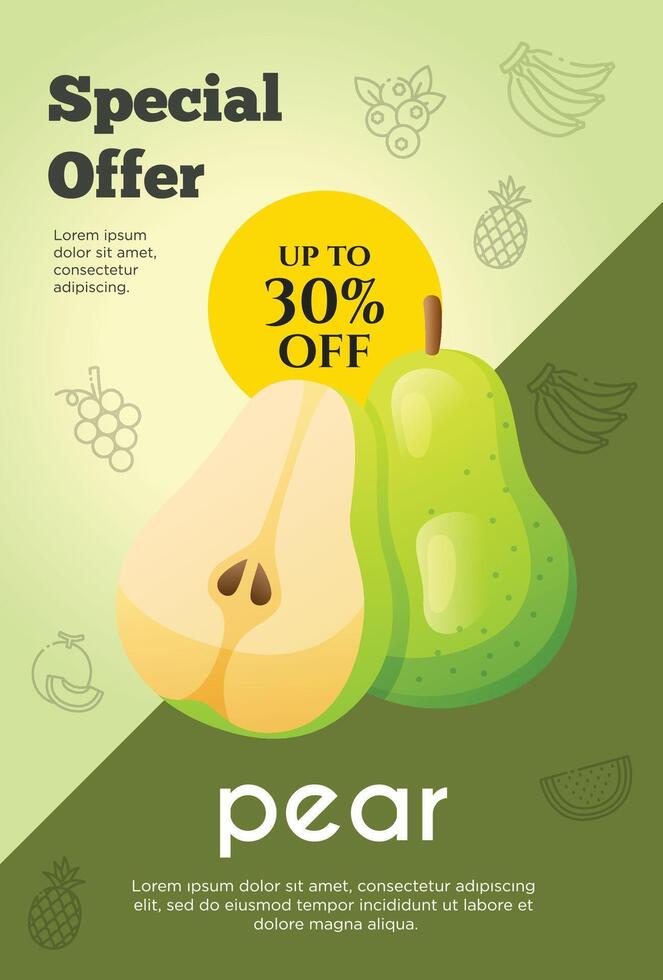 Flyer Besondere Angebot zum Birne Obst Produkt. Obst Beförderung Flyer vektor