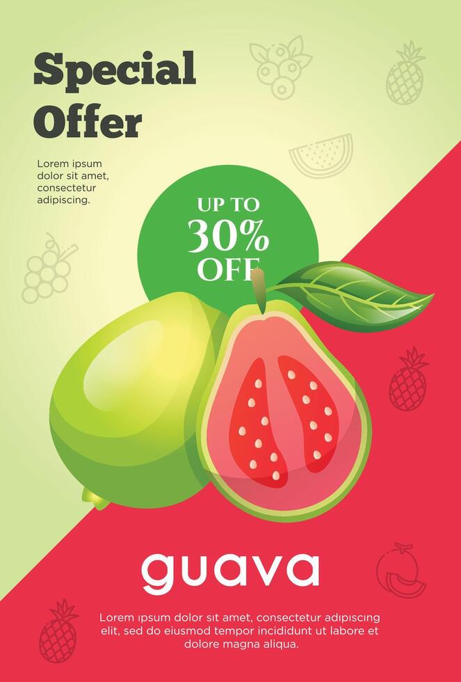 flygblad särskild erbjudande för guava frukt produkt. frukt befordran flygblad vektor