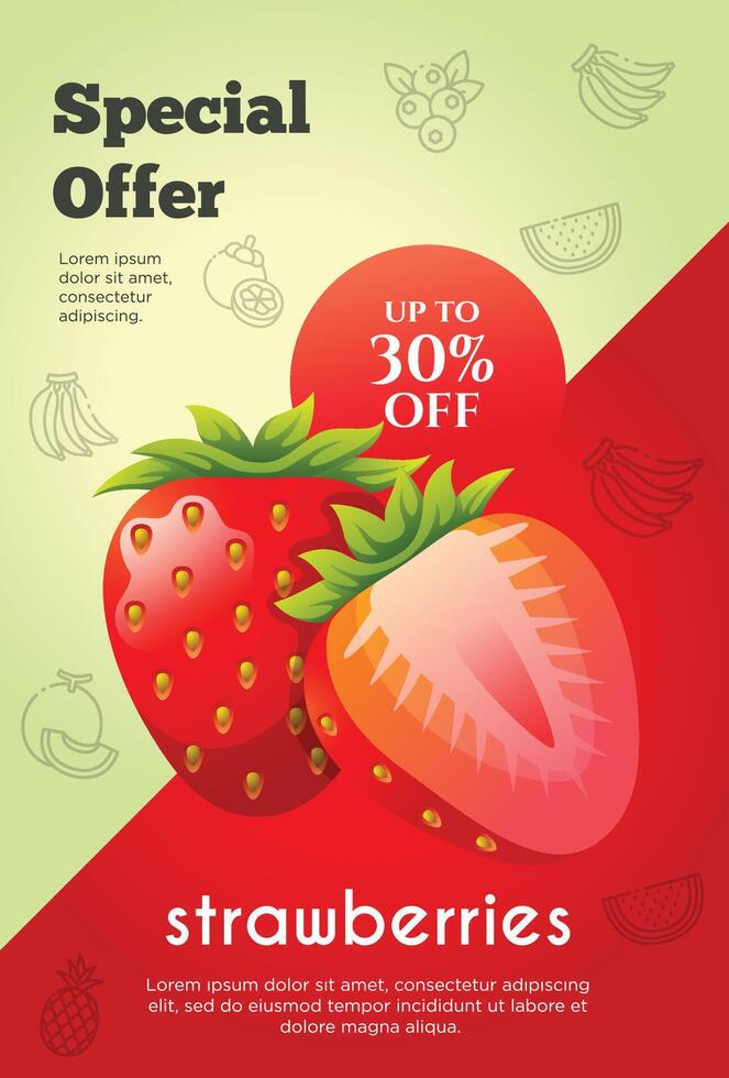 Flyer Besondere Angebot zum Erdbeeren Obst Produkt. Obst Beförderung Flyer vektor